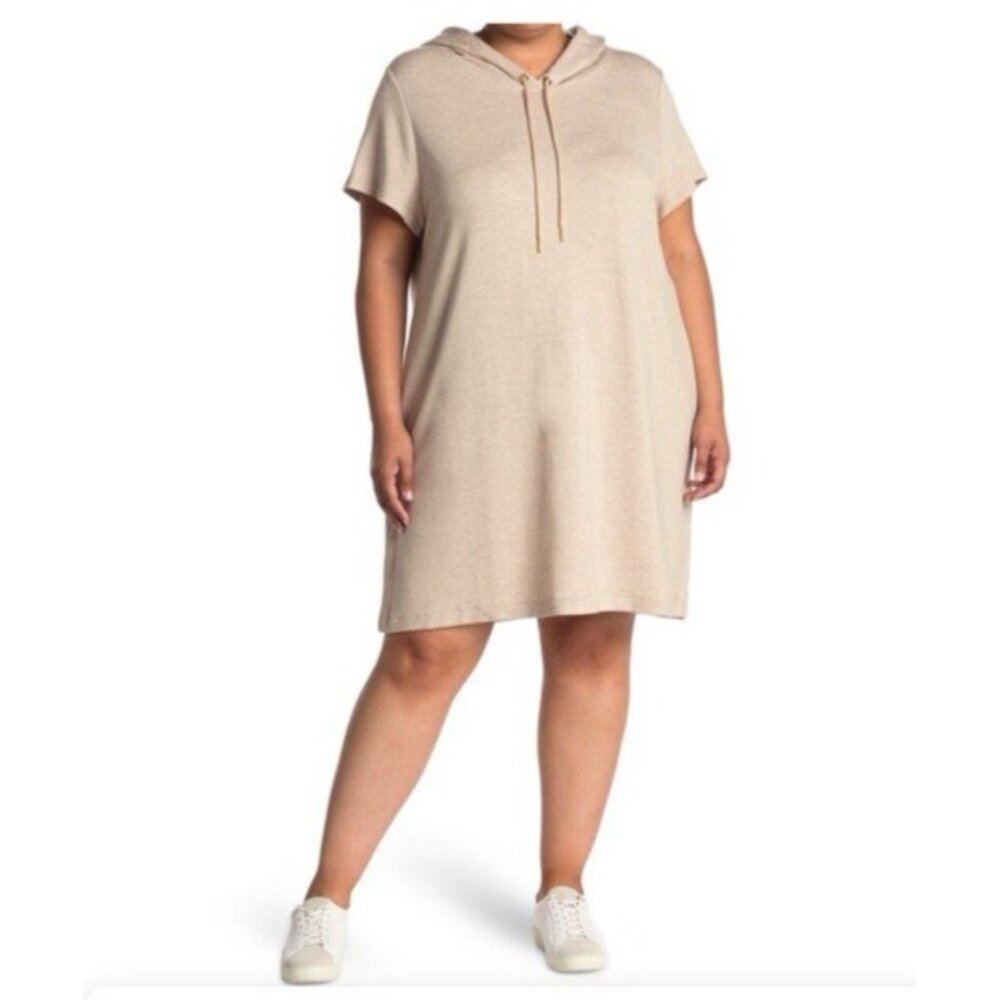 Calvin Klein Sweatshirt Shirt Dress 2X Tan Gold Trim Short Sleeve Casual
